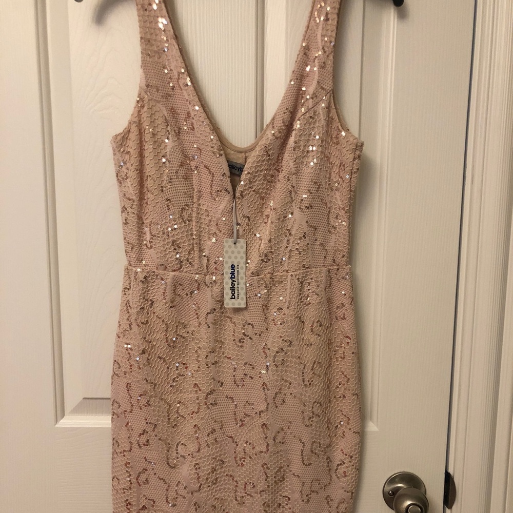 Fitted light pink/cream with gold sequin dress